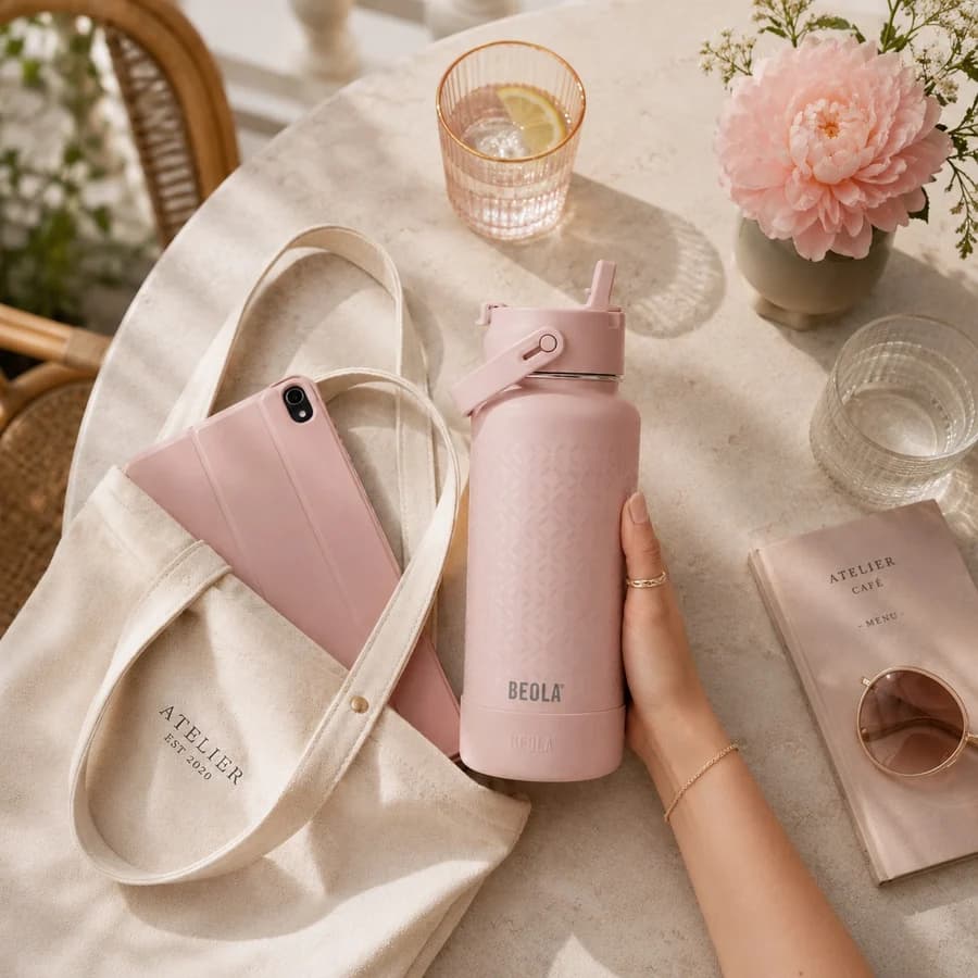 Pink Beola insulated bottle in an everyday lifestyle setting