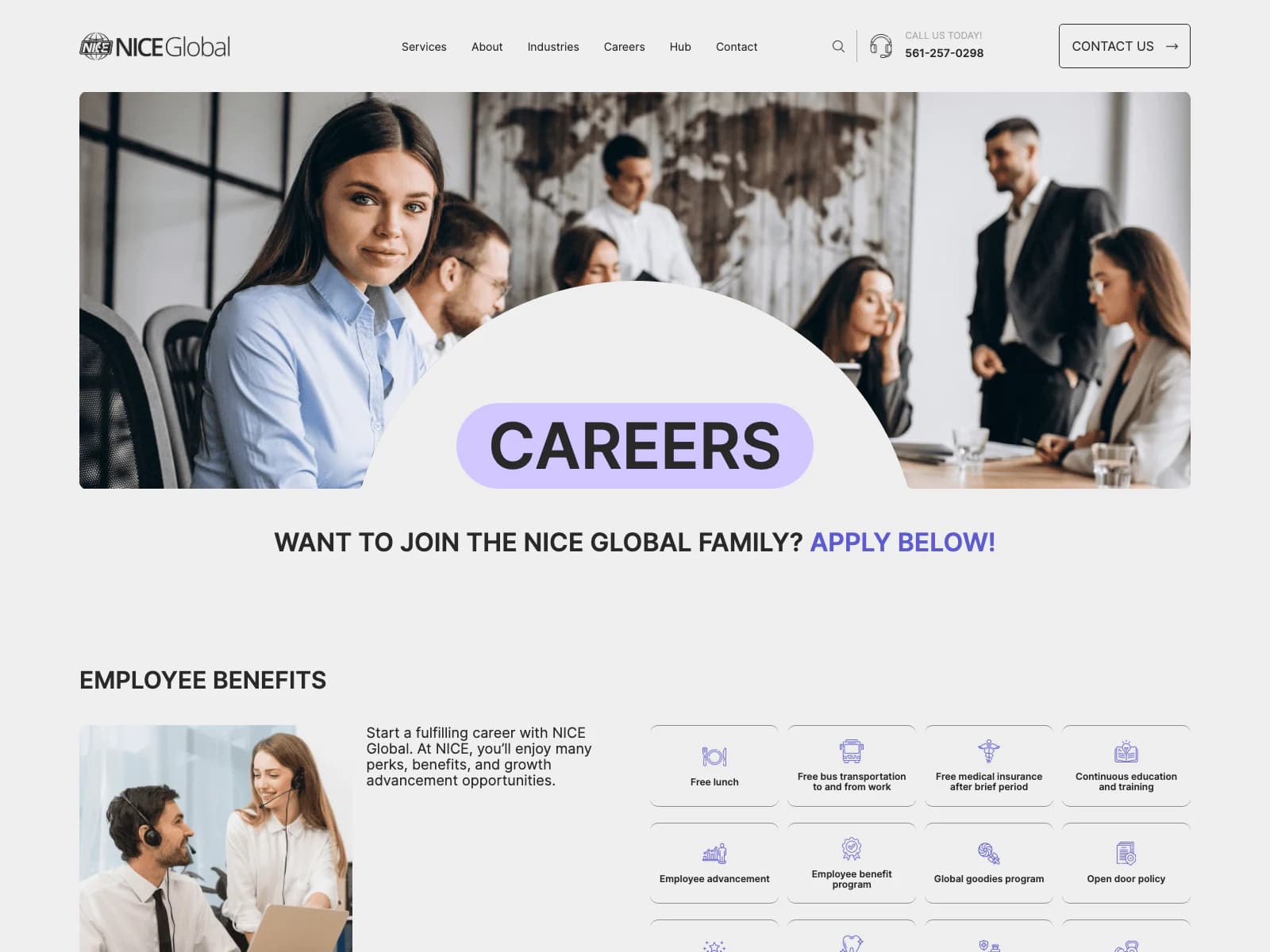 NICE Global Careers page with roles and employee benefits