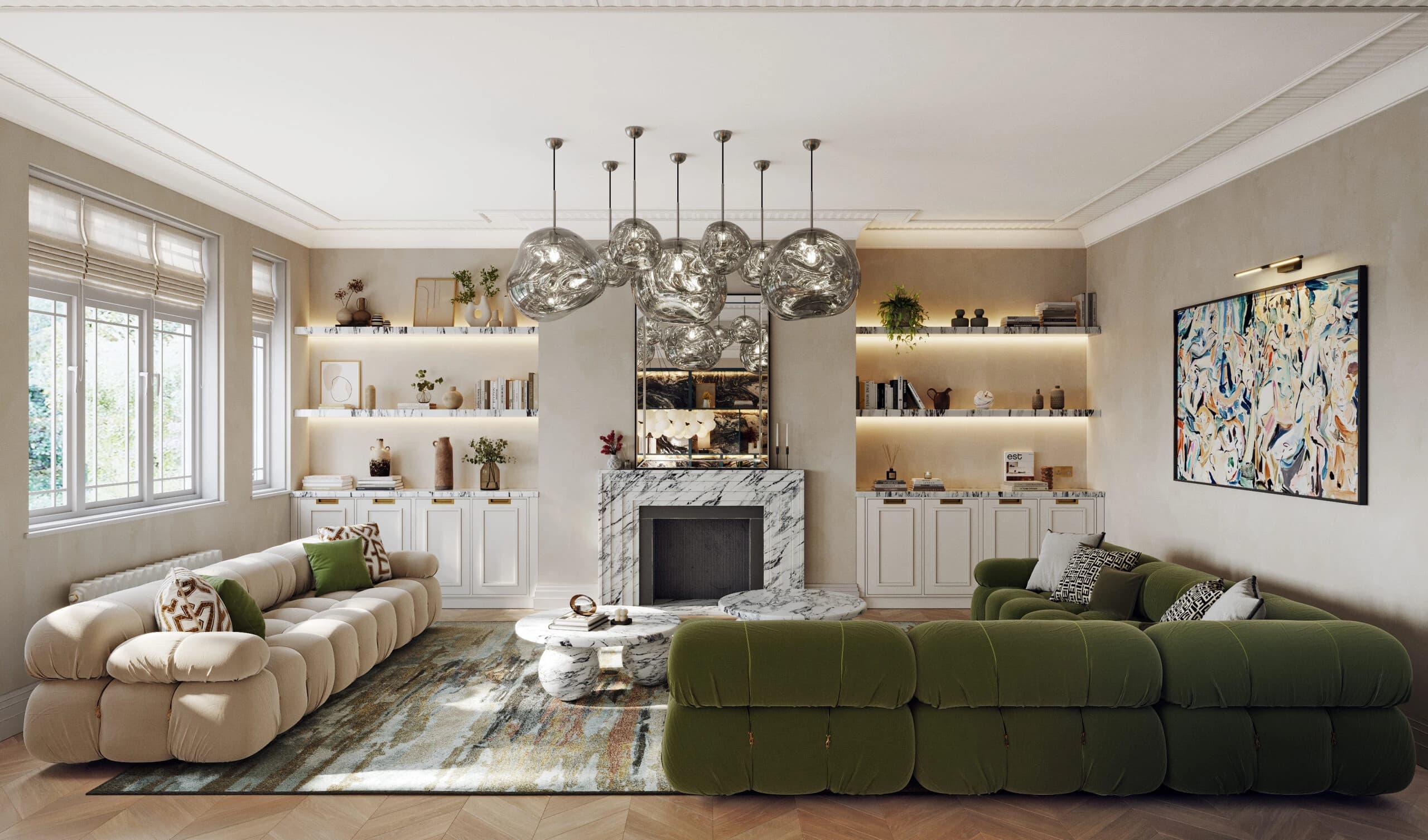 Cor Domi living room interior with shelving and green sofa
